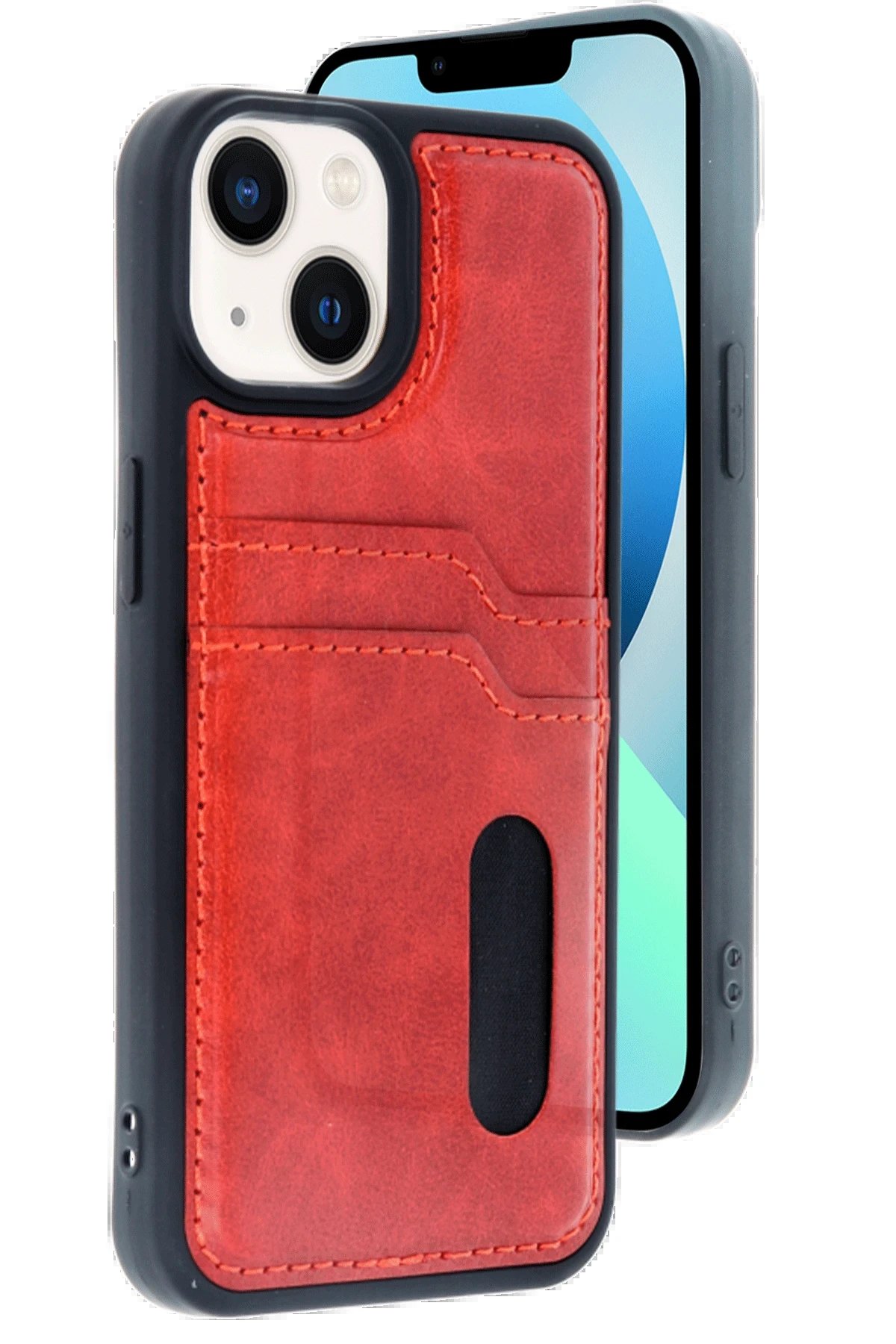 iPhone 14 Kılıf Sara Kartvizitli Deri Kılıf - Kırmızı-(5796)