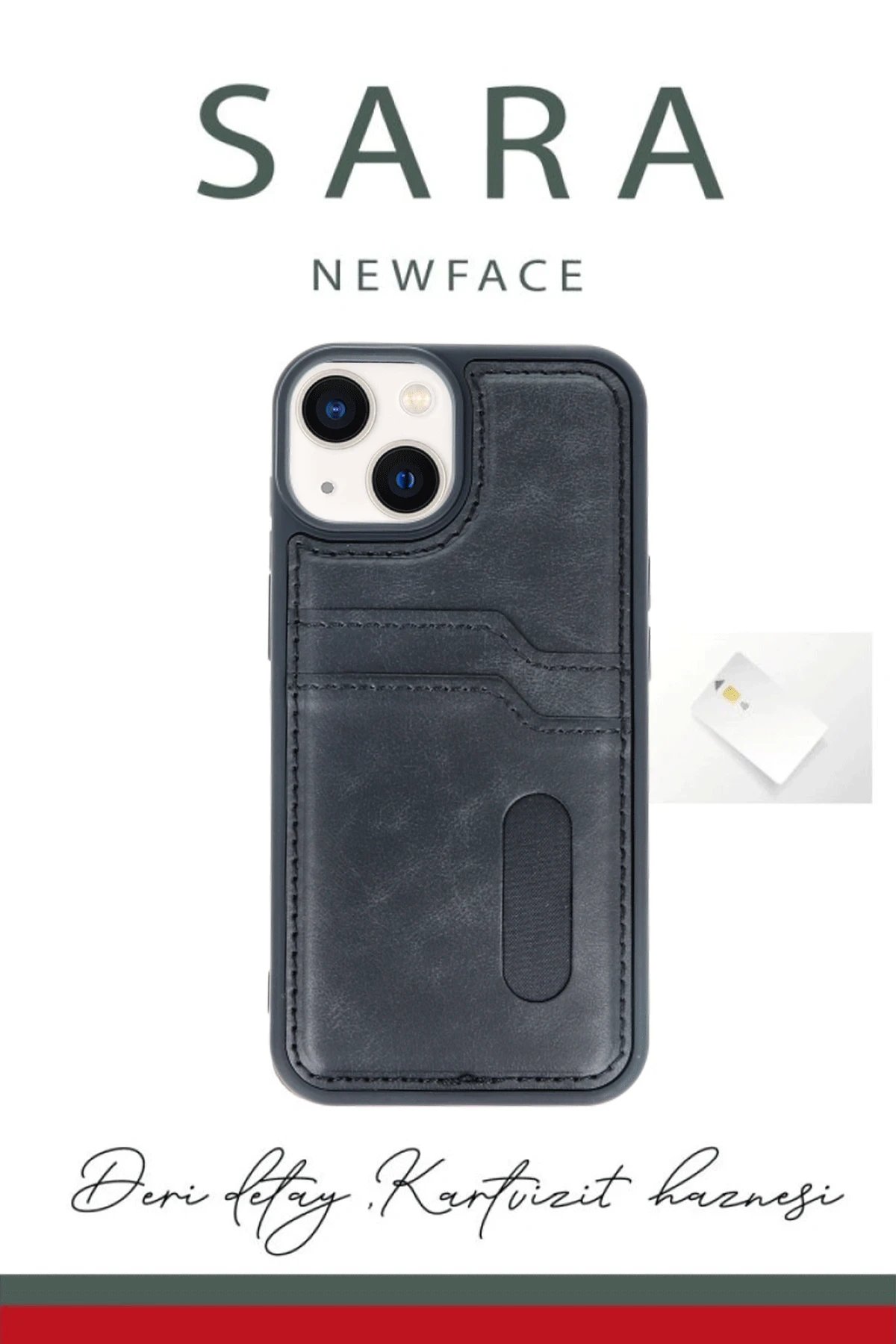 iPhone 14 Kılıf Sara Kartvizitli Deri Kılıf - Lacivert-(5796) - Görsel 3