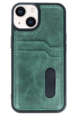 iPhone 14 Kılıf Sara Kartvizitli Deri Kılıf - Koyu Yeşil-(5796)