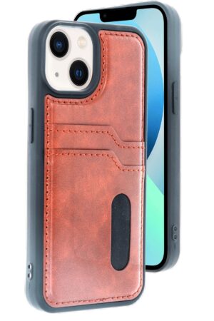 iPhone 14 Kılıf Sara Kartvizitli Deri Kılıf - Taba-(5796)