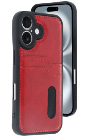 iPhone 16 Kılıf Sara Kartvizitli Deri Kılıf - Kırmızı-(5796)
