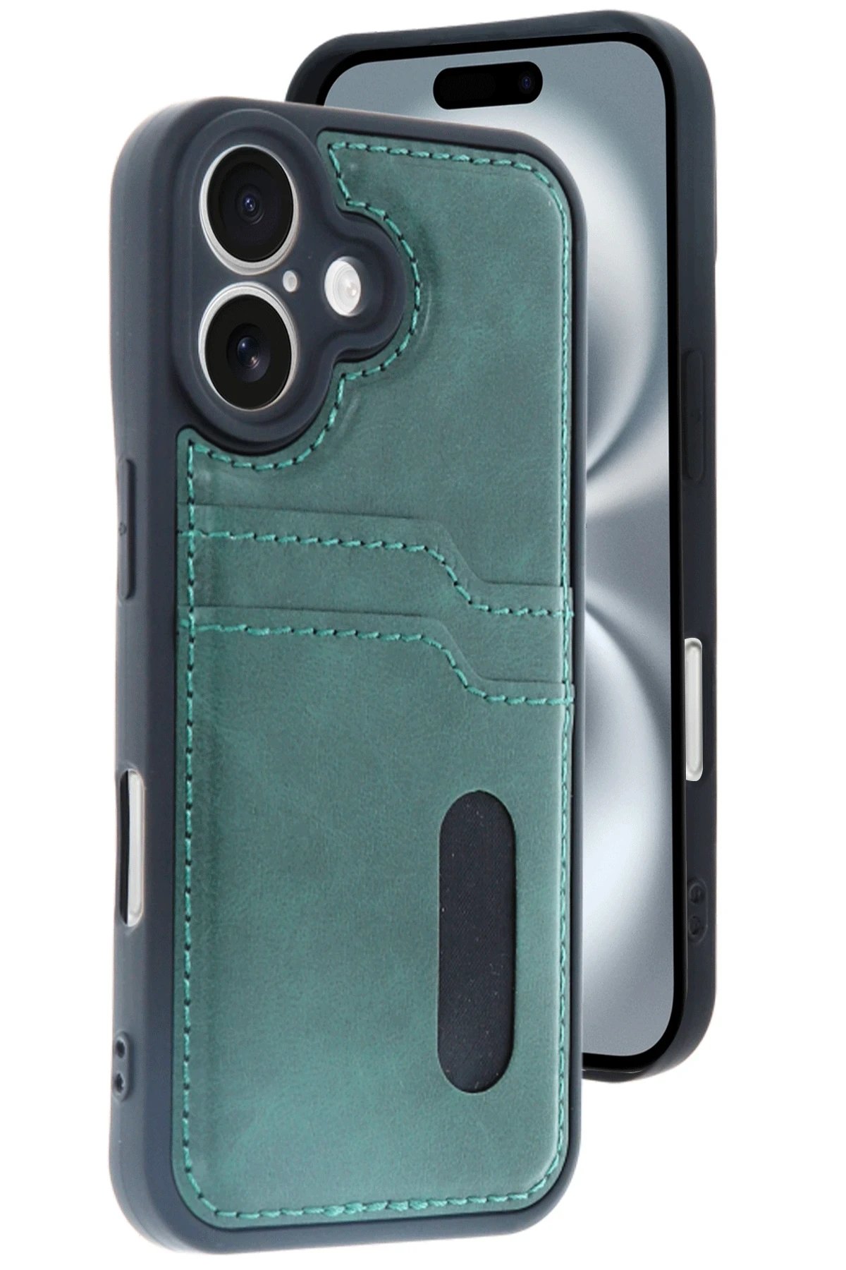 iPhone 16 Kılıf Sara Kartvizitli Deri Kılıf - Koyu Yeşil-(5796) - Görsel 3