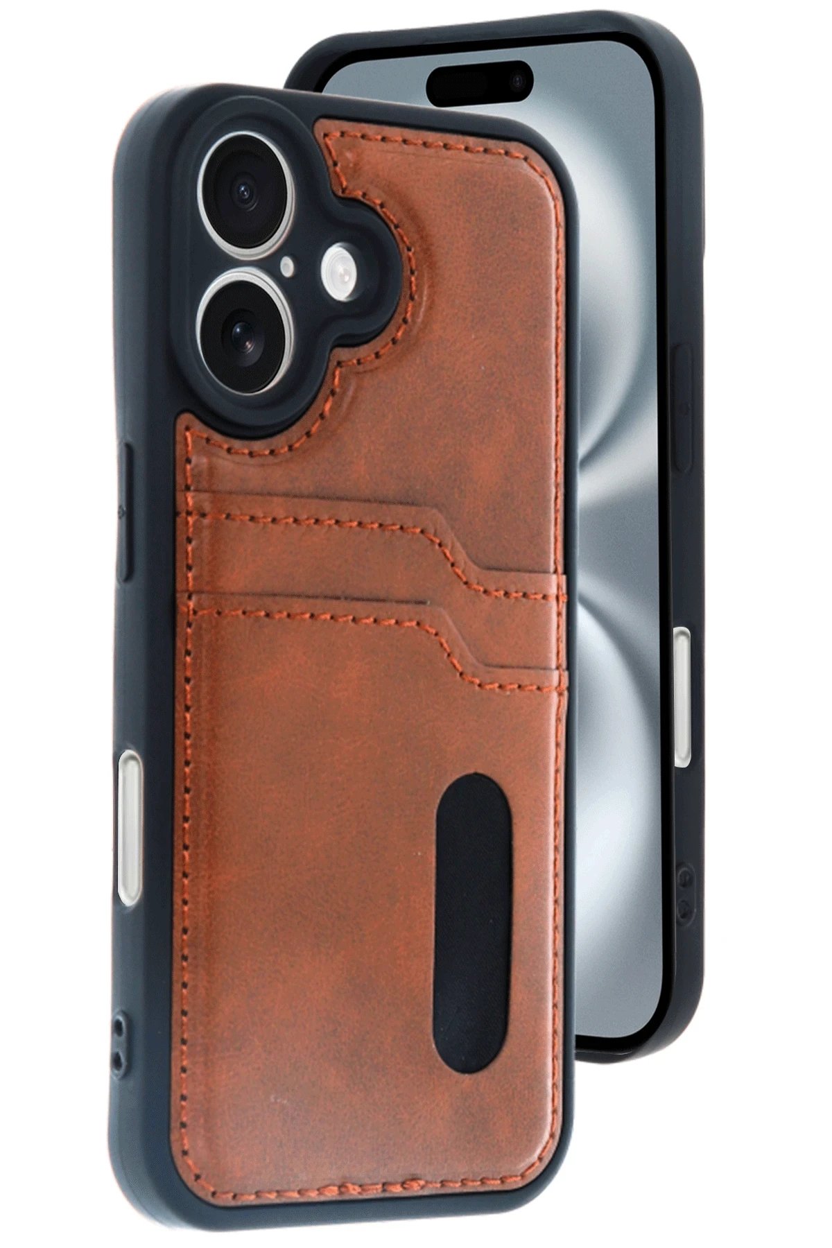 iPhone 16 Kılıf Sara Kartvizitli Deri Kılıf - Taba-(5796) - Görsel 2