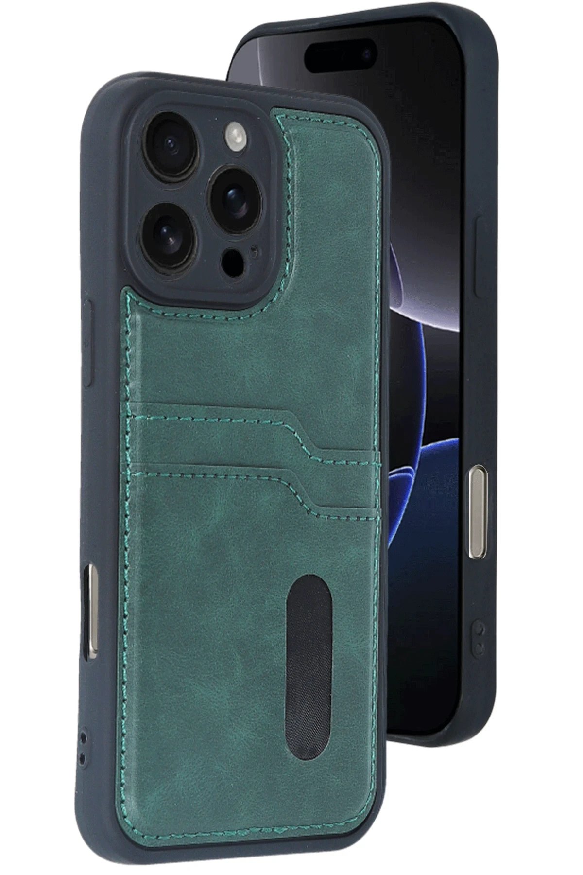 iPhone 16 Pro Max Kılıf Sara Kartvizitli Deri Kılıf - Koyu Yeşil-(5796) - Görsel 3