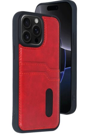 iPhone 15 Pro Max Kılıf Sara Kartvizitli Deri Kılıf - Kırmızı-(5796)