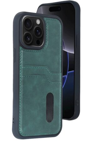 iPhone 15 Pro Max Kılıf Sara Kartvizitli Deri Kılıf - Koyu Yeşil-(5796)