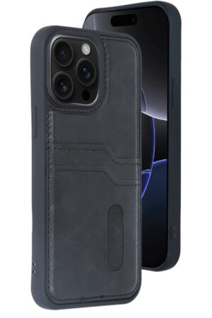 iPhone 14 Pro Max Kılıf Sara Kartvizitli Deri Kılıf - Siyah-(5796)