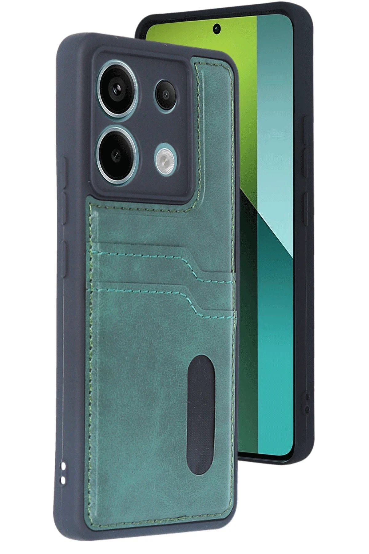 Xiaomi Redmi Note 13 Pro 5G Kılıf Sara Kartvizitli Deri Kılıf - Koyu Yeşil-(5796)