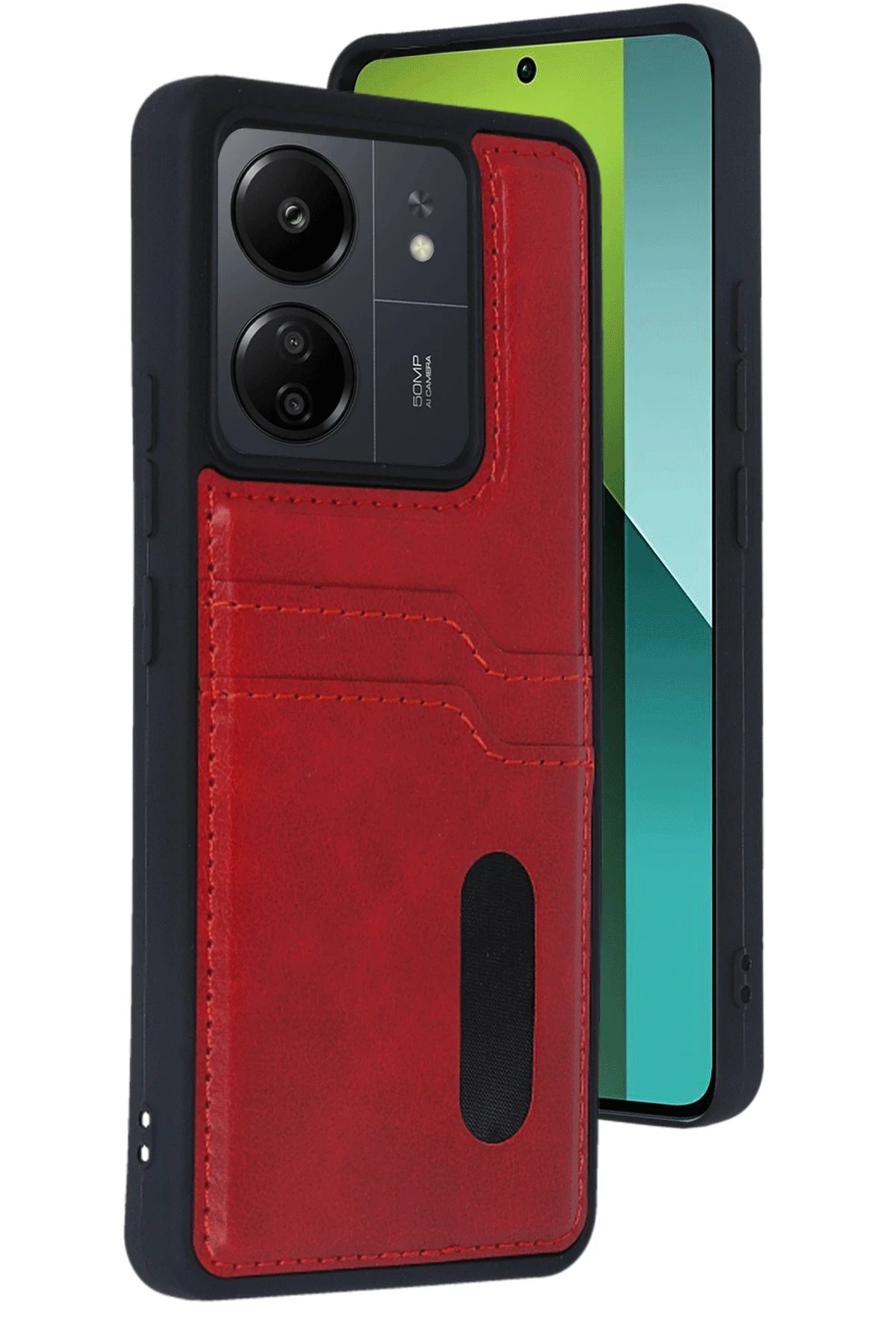 Xiaomi Redmi 13C Kılıf Sara Kartvizitli Deri Kılıf - Kırmızı-(5796)