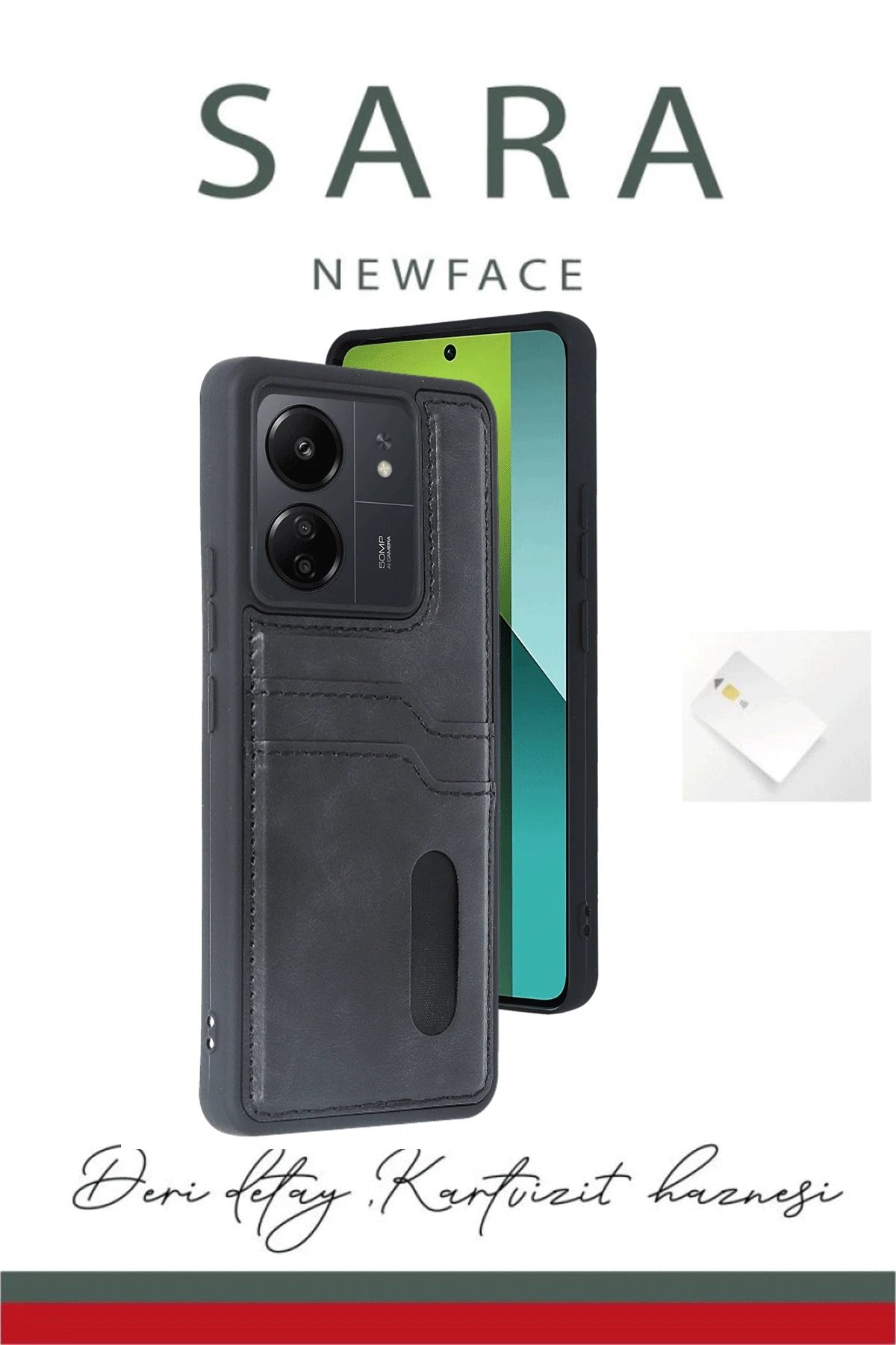 Xiaomi Redmi 13C Kılıf Sara Kartvizitli Deri Kılıf - Kırmızı-(5796) - Görsel 3