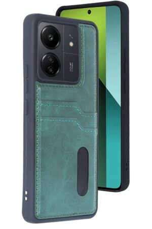 Xiaomi Redmi 13C Kılıf Sara Kartvizitli Deri Kılıf - Koyu Yeşil-(5796)