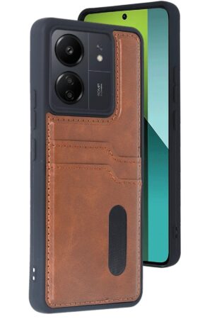 Xiaomi Redmi 13C Kılıf Sara Kartvizitli Deri Kılıf - Taba-(5796)