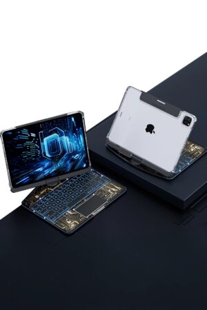 JP11 iPad Pro 11 (2022) Kılıf Vales Dönen Ledli Klavyeli Tablet Kılıfı - Siyah-(5796)