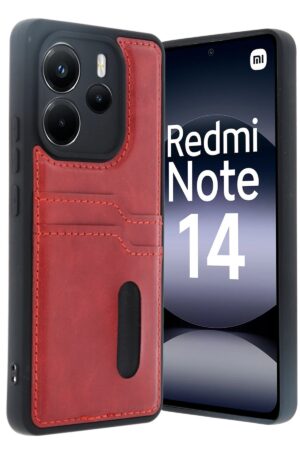 Xiaomi Redmi Note 14 4G Kılıf Sara Kartvizitli Deri Kılıf - Kırmızı-(5796)