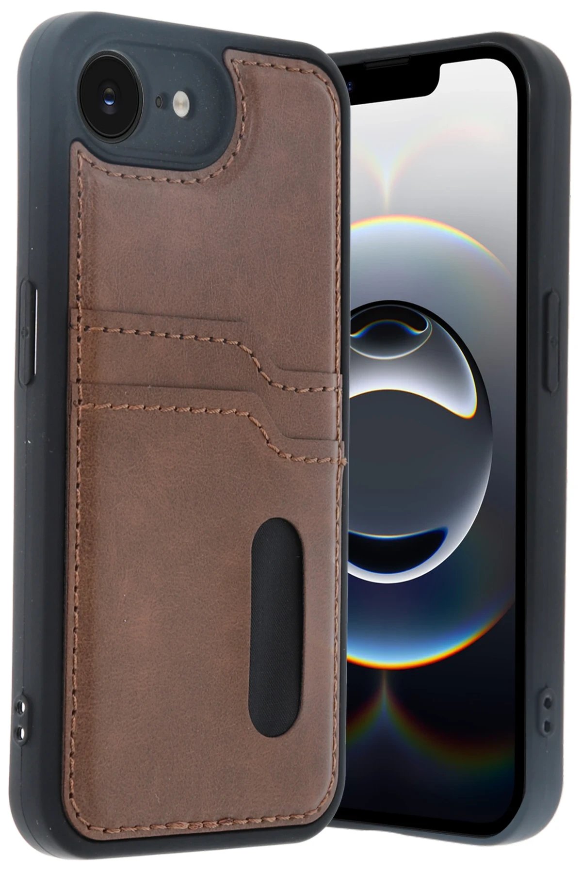 iPhone 16E Kılıf Sara Kartvizitli Deri Kılıf - Taba-(5796)