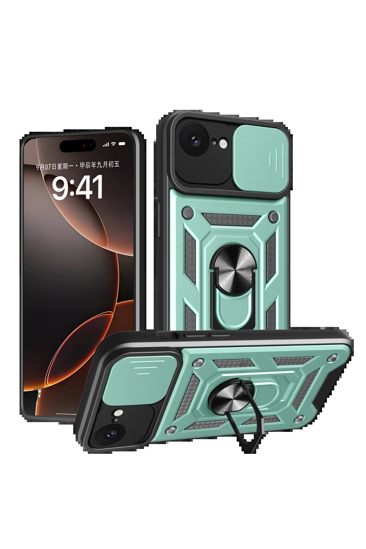 iPhone 16E Kılıf Pars Lens Yüzüklü Silikon - Yeşil-(5796)