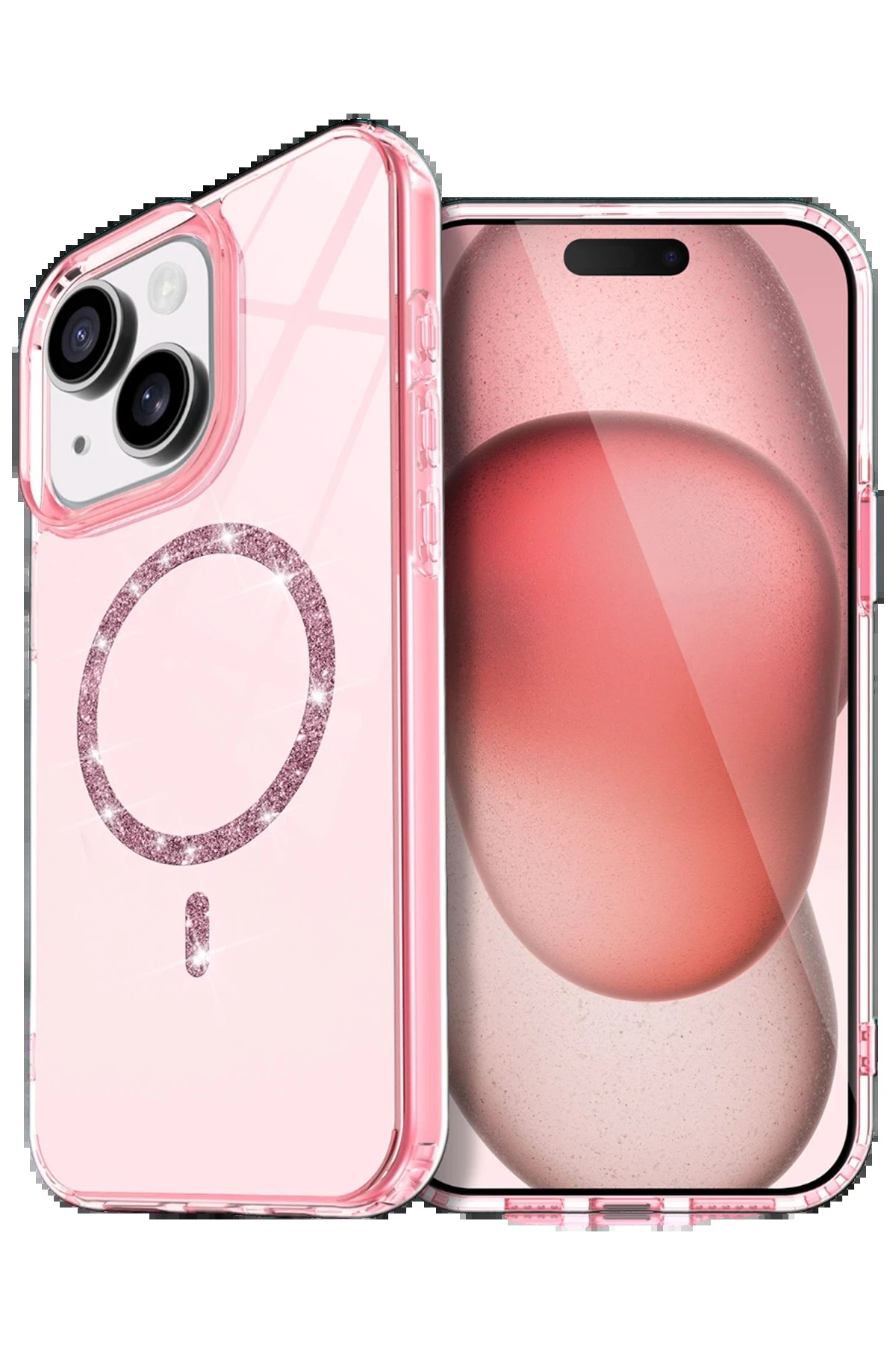 Apple iPhone 15 Plus Live Diamond Magsafe Kapak - Pembe-(5796)