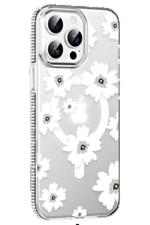 Apple iPhone 14 Pro Max Floral Magsafe Kapak - Beyaz-(5796)