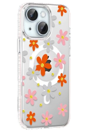 Apple iPhone 15 Floral Magsafe Kapak - Turuncu-(5796)