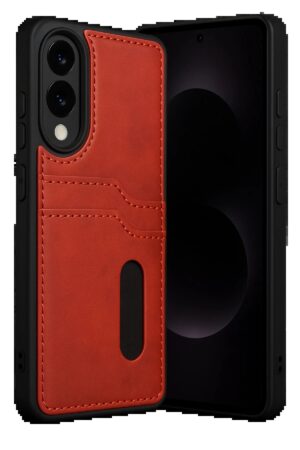 Samsung Galaxy S25 Edge Sara Kartvizitli Deri Kılıf - Kırmızı-(5796)