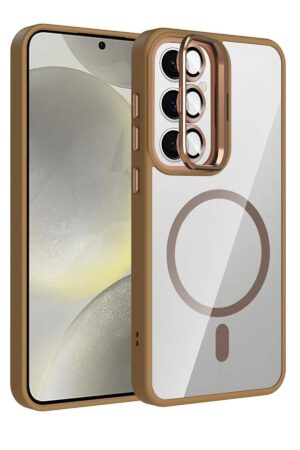 Samsung Galaxy S25 Remim Lensli Magsafe Standlı Kapak - Kahverengi-(5796)