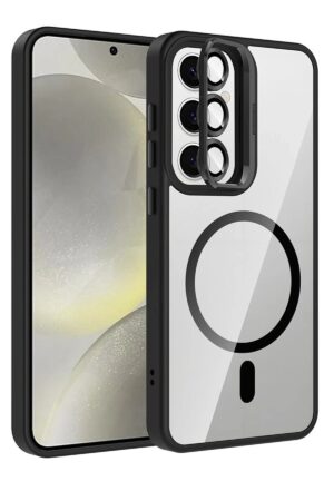 Samsung Galaxy S25 Remim Lensli Magsafe Standlı Kapak - Siyah-(5796)