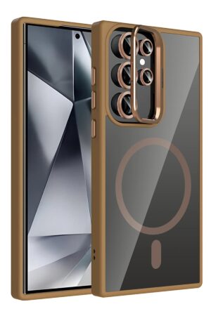 Samsung Galaxy S25 Ultra Remim Lensli Magsafe Standlı Kapak - Kahverengi-(5796)