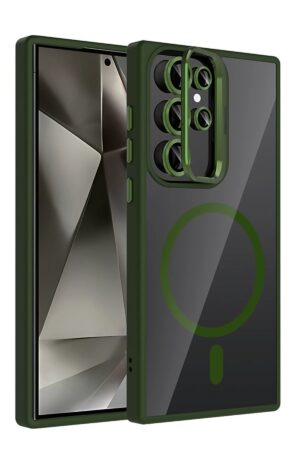 Samsung Galaxy S25 Ultra Remim Lensli Magsafe Standlı Kapak - Koyu Yeşil-(5796)