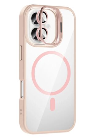 Apple iPhone 16 Remim Lensli Magsafe Standlı Kapak - Pembe-(5796)
