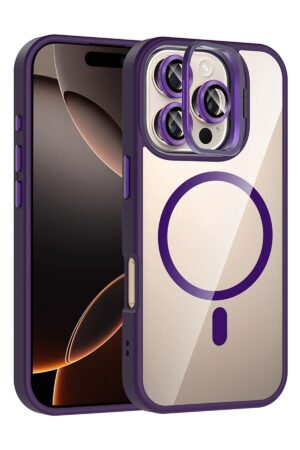 Apple iPhone 16 Pro Remim Lensli Magsafe Standlı Kapak - Derin Mor-(5796)