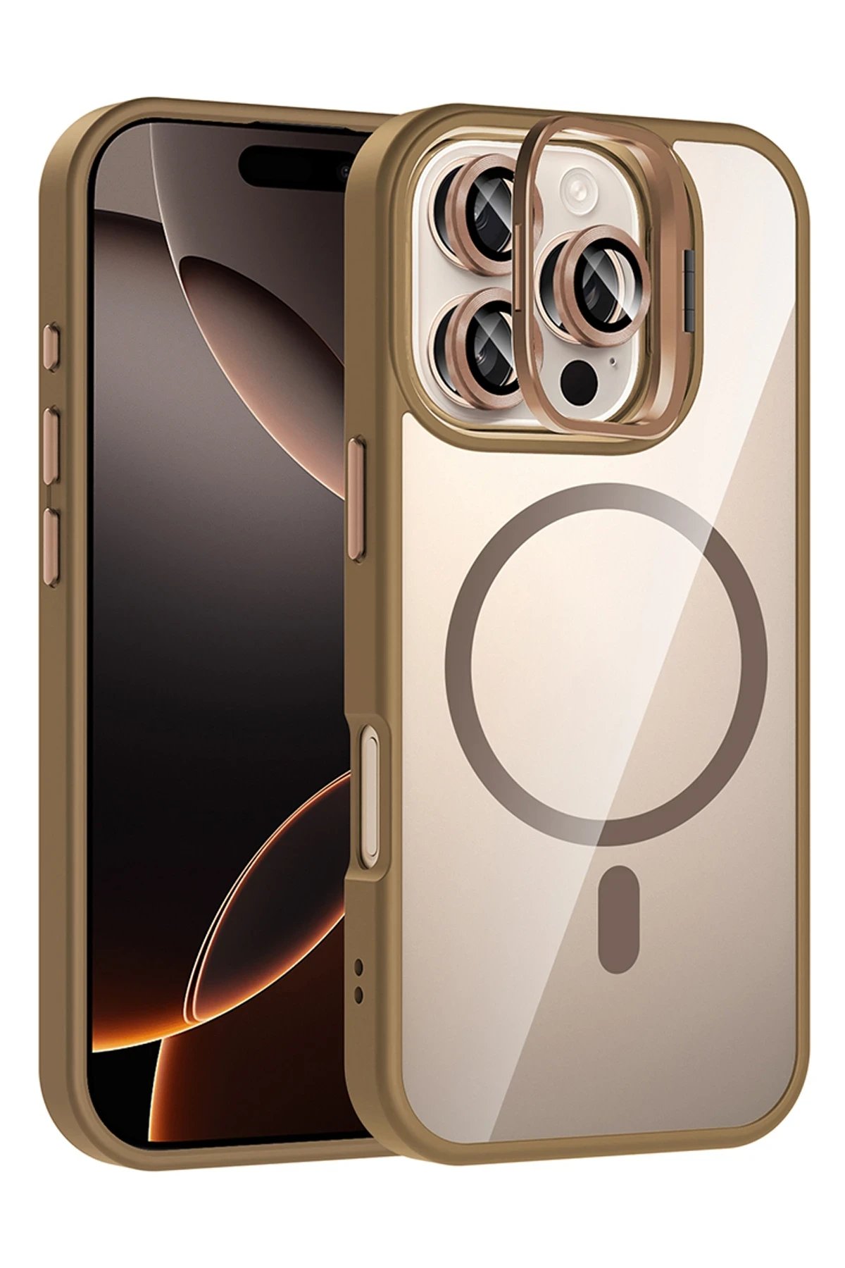 Apple iPhone 16 Pro Remim Lensli Magsafe Standlı Kapak - Kahverengi-(5796)