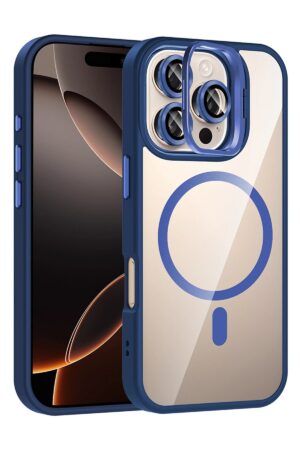 Apple iPhone 16 Pro Remim Lensli Magsafe Standlı Kapak - Lacivert-(5796)