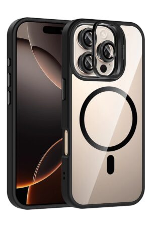Apple iPhone 16 Pro Remim Lensli Magsafe Standlı Kapak - Siyah-(5796)