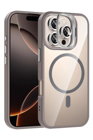 Apple iPhone 16 Pro Remim Lensli Magsafe Standlı Kapak - Titan Gri-(5796)