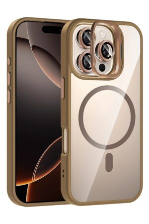 Apple iPhone 16 Pro Max Remim Lensli Magsafe Standlı Kapak - Kahverengi-(5796)