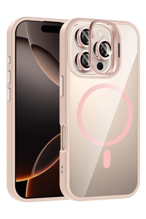 Apple iPhone 16 Pro Max Remim Lensli Magsafe Standlı Kapak - Pembe-(5796)