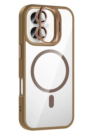 Apple iPhone 16 Plus Remim Lensli Magsafe Standlı Kapak - Kahverengi-(5796)