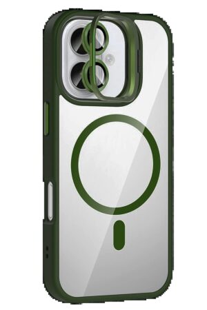 Apple iPhone 16 Plus Remim Lensli Magsafe Standlı Kapak - Koyu Yeşil-(5796)