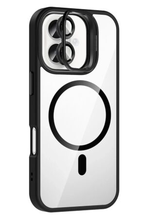 Apple iPhone 16 Plus Remim Lensli Magsafe Standlı Kapak - Siyah-(5796)