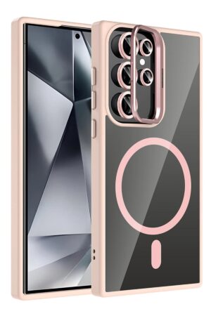 Samsung Galaxy S24 Ultra Remim Lensli Magsafe Standlı Kapak - Pembe-(5796)