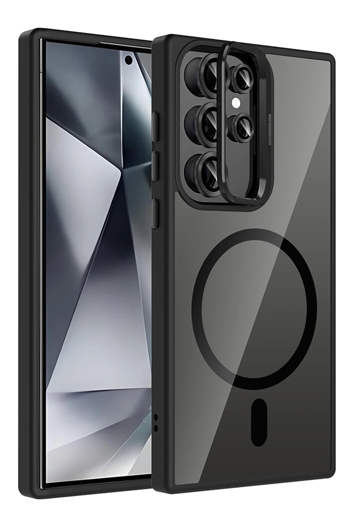 Samsung Galaxy S24 Ultra Remim Lensli Magsafe Standlı Kapak - Siyah-(5796)