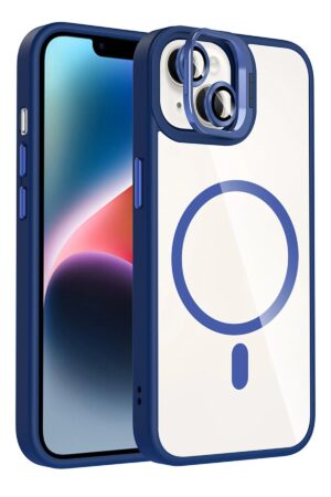 Apple iPhone 14 Remim Lensli Magsafe Standlı Kapak - Lacivert-(5796)