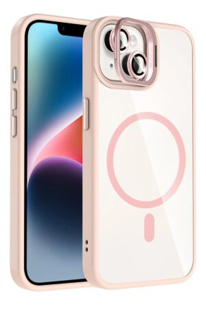 Apple iPhone 14 Remim Lensli Magsafe Standlı Kapak - Pembe-(5796)