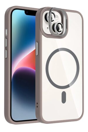 Apple iPhone 14 Remim Lensli Magsafe Standlı Kapak - Titan Gri-(5796)