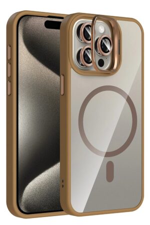Apple iPhone 14 Pro Max Remim Lensli Magsafe Standlı Kapak - Kahverengi-(5796)