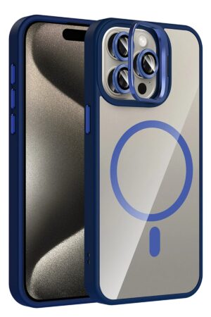 Apple iPhone 14 Pro Max Remim Lensli Magsafe Standlı Kapak - Lacivert-(5796)