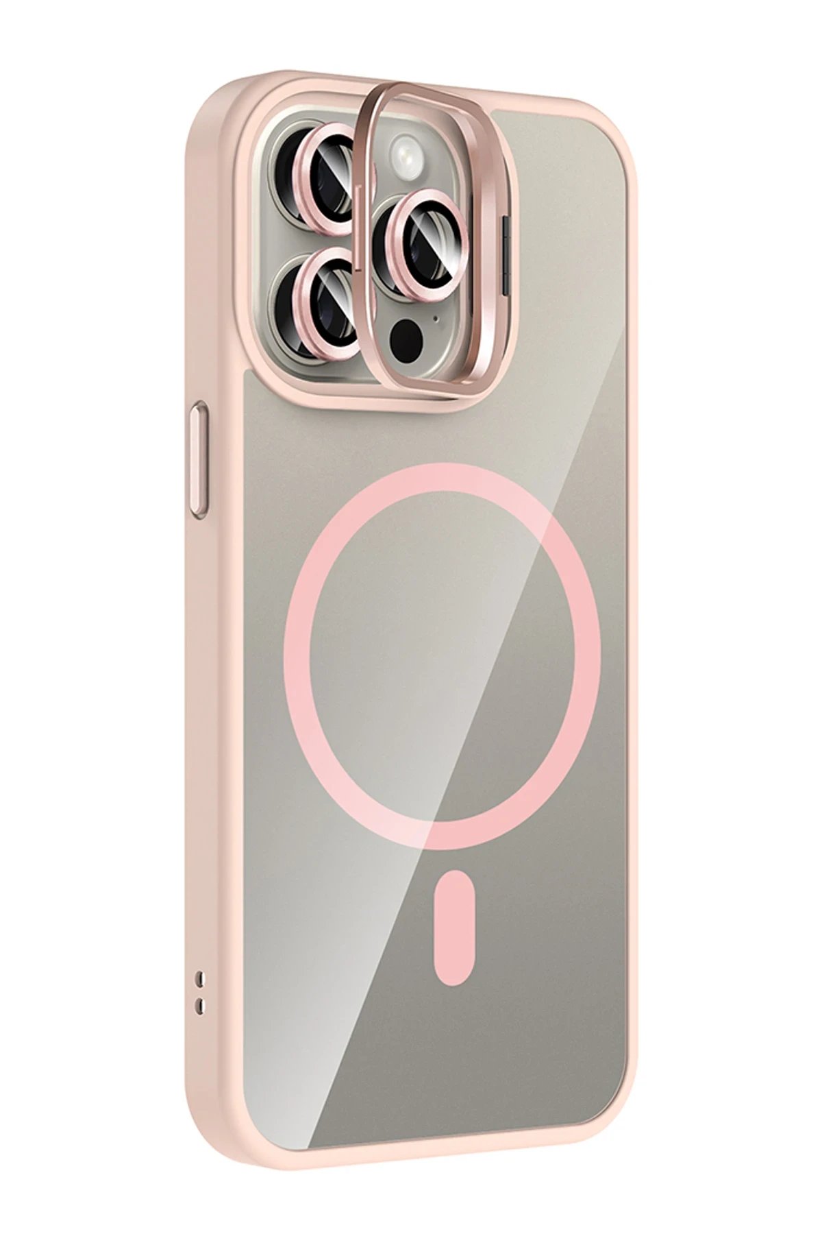 Apple iPhone 14 Pro Max Remim Lensli Magsafe Standlı Kapak - Pembe-(5796) - Görsel 2