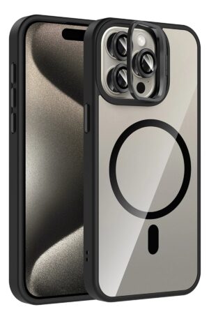 Apple iPhone 14 Pro Max Remim Lensli Magsafe Standlı Kapak - Siyah-(5796)