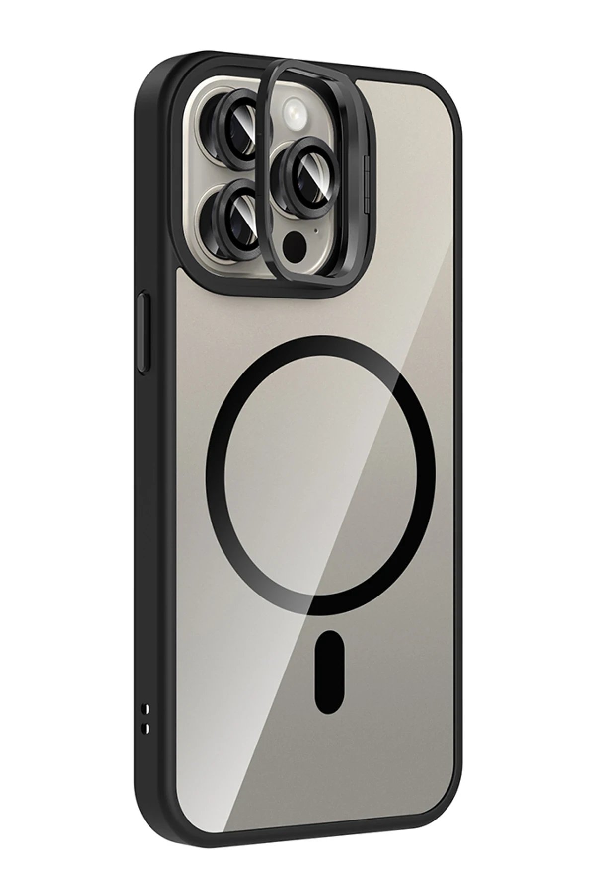 Apple iPhone 14 Pro Max Remim Lensli Magsafe Standlı Kapak - Siyah-(5796) - Görsel 2