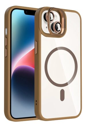 Apple iPhone 15 Remim Lensli Magsafe Standlı Kapak - Kahverengi-(5796)